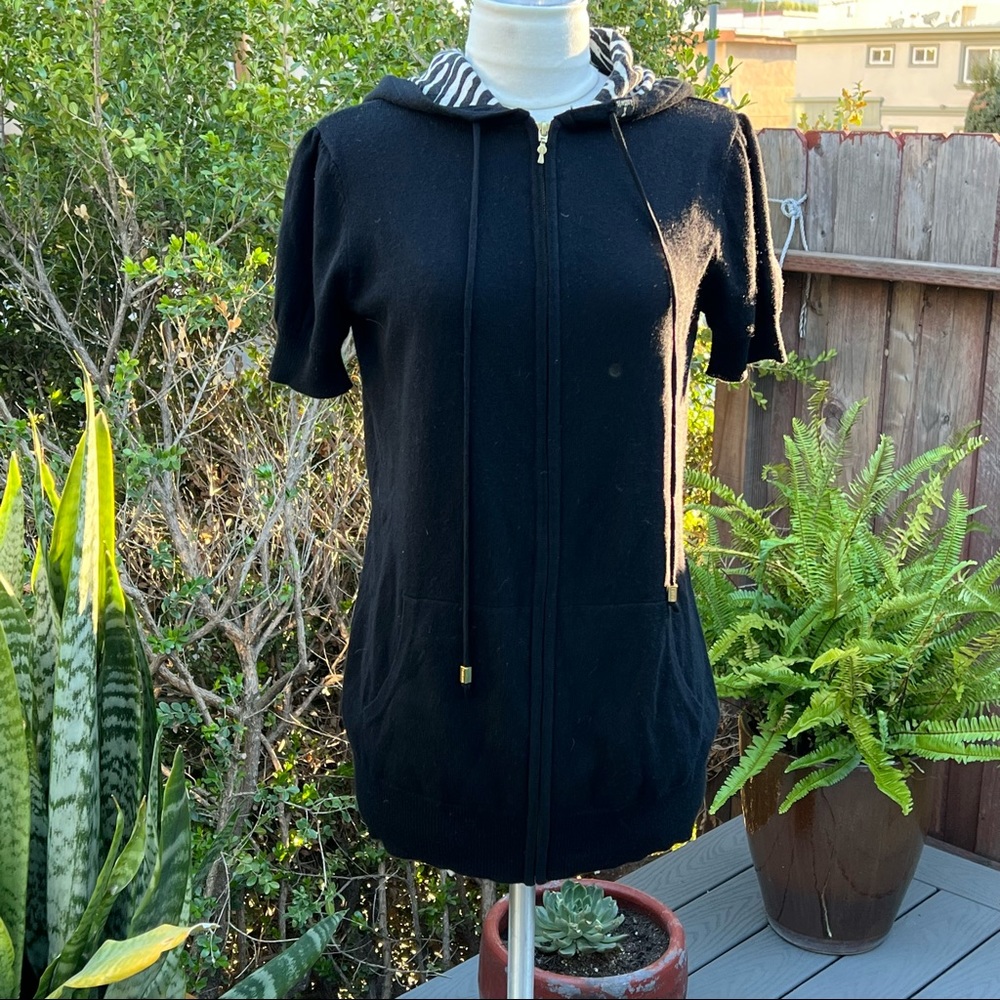 KNITWIT Silk and Cashmere Short Sleeve Tunic Length Cardigan Hooded Sweater EUC